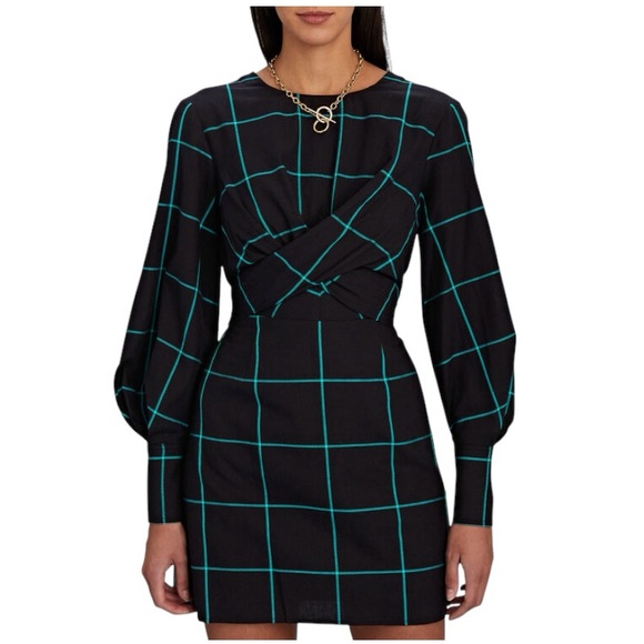 NEW Staud Black Windowpane Long Sleeve Cut Out Mini Crosshill Dress Size Large - Picture 6 of 8